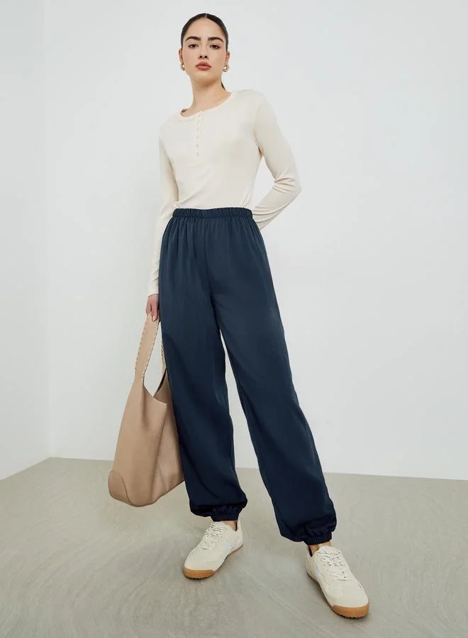 Styli Women Dark Blue Woven Wide Leg Joggers