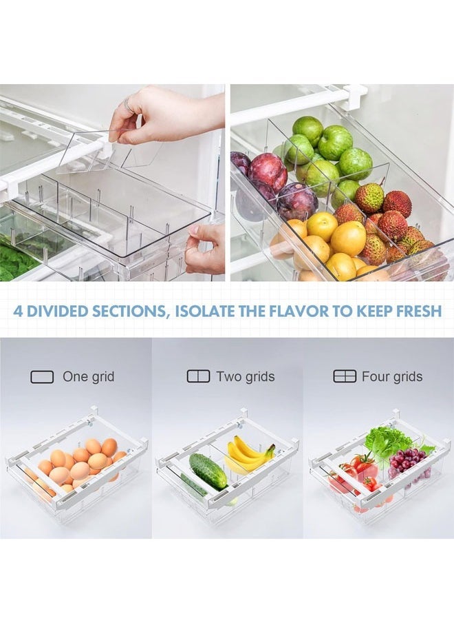 Fridge Drawer Organizer with Handle, Transparent Pull Out Drawer for Fruit and Vegetable, Refrigerator Organizer Bin with 4 Divided Sections Design, Fit for Fridge Shelf Under 0.78 inch (1 Pack)