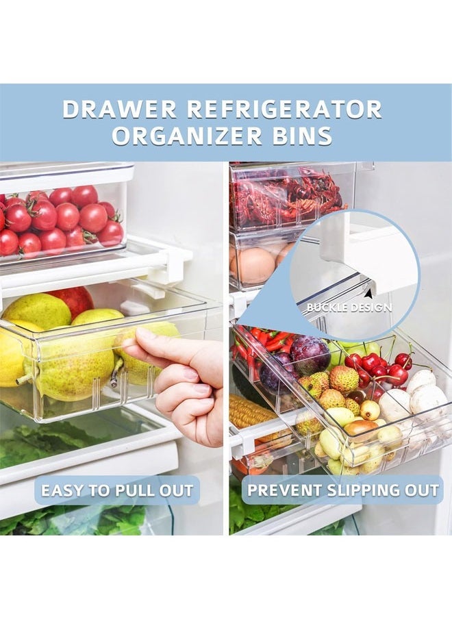 Fridge Drawer Organizer with Handle, Transparent Pull Out Drawer for Fruit and Vegetable, Refrigerator Organizer Bin with 4 Divided Sections Design, Fit for Fridge Shelf Under 0.78 inch (1 Pack)
