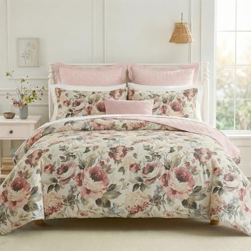 Bedorm Cotton Floral Duvet Cover Set Queen Size Bedding Set Pink Red Floral Botanical Print Girls Women Romantic Bedroom Decor Soft & Breathable 100% Cotton Duvet Cover with 8 Corner Ties - Image 3
