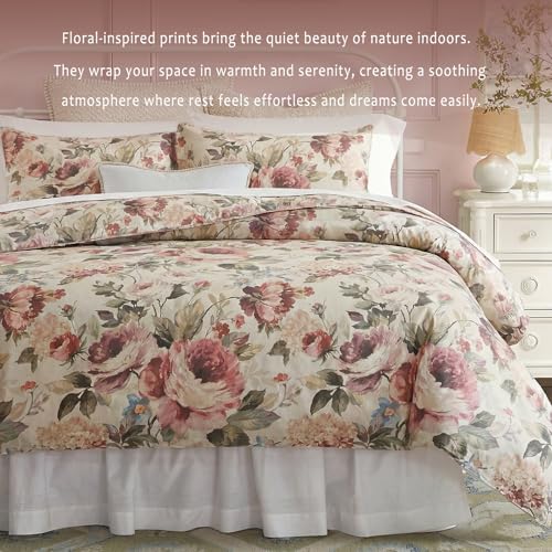 Bedorm Cotton Floral Duvet Cover Set Queen Size Bedding Set Pink Red Floral Botanical Print Girls Women Romantic Bedroom Decor Soft & Breathable 100% Cotton Duvet Cover with 8 Corner Ties - Image 4
