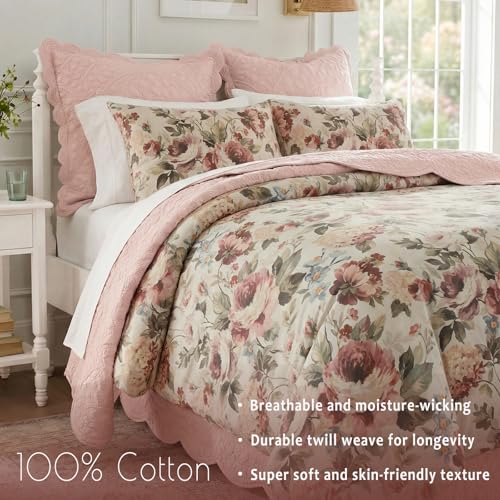 Bedorm Cotton Floral Duvet Cover Set Queen Size Bedding Set Pink Red Floral Botanical Print Girls Women Romantic Bedroom Decor Soft & Breathable 100% Cotton Duvet Cover with 8 Corner Ties - Image 2