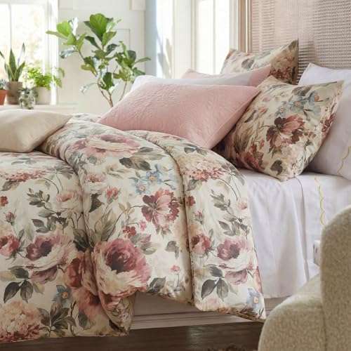 Bedorm Cotton Floral Duvet Cover Set Queen Size Bedding Set Pink Red Floral Botanical Print Girls Women Romantic Bedroom Decor Soft & Breathable 100% Cotton Duvet Cover with 8 Corner Ties - Image 1