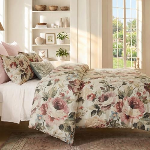Bedorm Cotton Floral Duvet Cover Set Queen Size Bedding Set Pink Red Floral Botanical Print Girls Women Romantic Bedroom Decor Soft & Breathable 100% Cotton Duvet Cover with 8 Corner Ties - Image 5