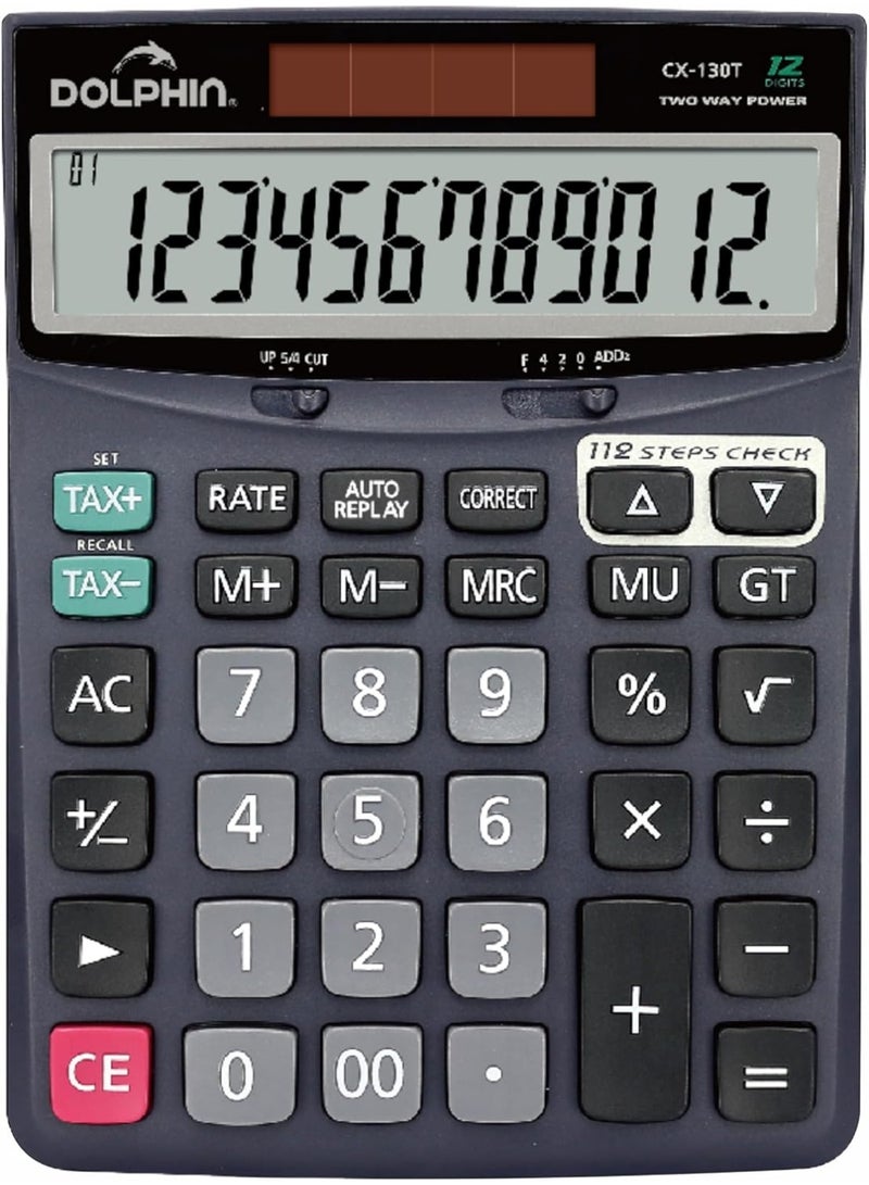 Dolphin CX-130T Desktop Calculator – 12 Digit Display, 112 Step Check & Correct, Dual Power Solar & Battery, Tax & Function Keys, Large Office Calculator for Business, School & Home