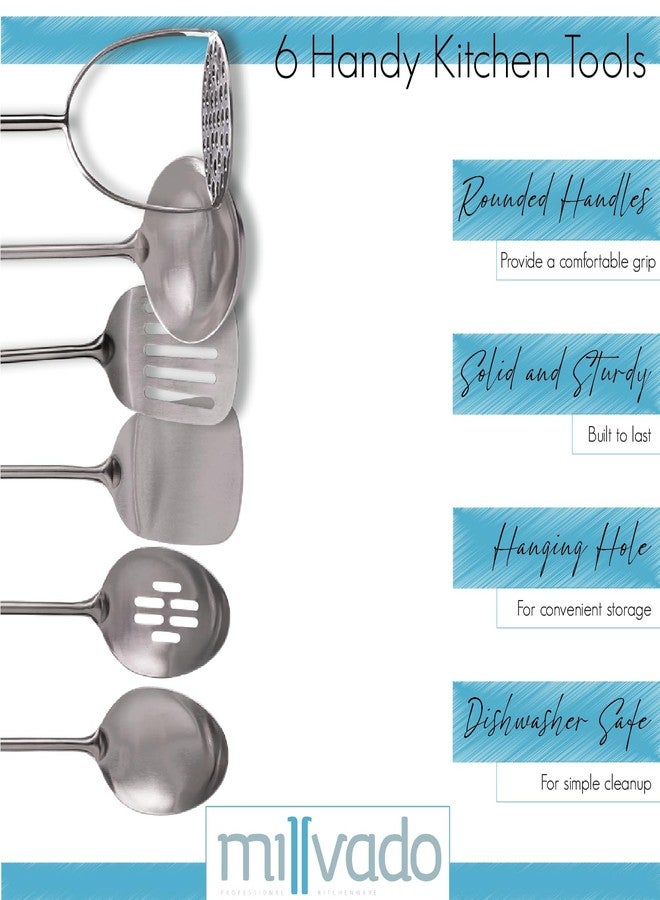 Millvado Stainless Steel Kitchen Utensil Set, Cooking Utensils, Set of 6 Kitchen Tools, Solid Spoon, Slotted Spoon, Solid Turner, Slotted Turner, Soup Ladle, Potato Masher, Dishwasher Safe - Image 3