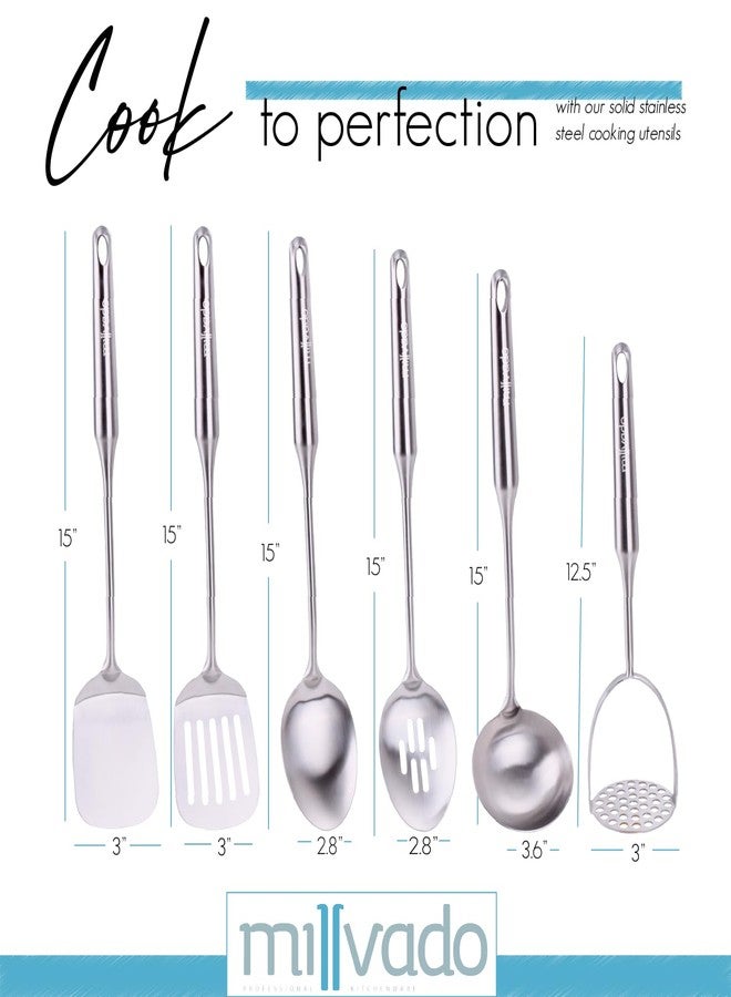 Millvado Stainless Steel Kitchen Utensil Set, Cooking Utensils, Set of 6 Kitchen Tools, Solid Spoon, Slotted Spoon, Solid Turner, Slotted Turner, Soup Ladle, Potato Masher, Dishwasher Safe - Image 2