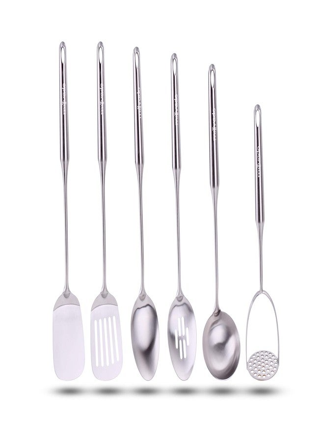 Millvado Stainless Steel Kitchen Utensil Set, Cooking Utensils, Set of 6 Kitchen Tools, Solid Spoon, Slotted Spoon, Solid Turner, Slotted Turner, Soup Ladle, Potato Masher, Dishwasher Safe - Image 1