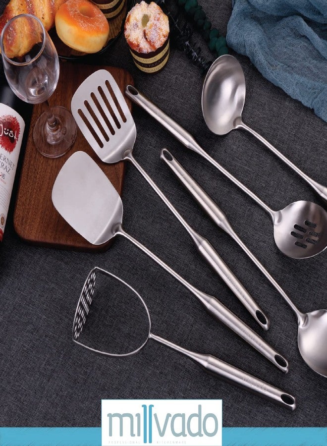 Millvado Stainless Steel Kitchen Utensil Set, Cooking Utensils, Set of 6 Kitchen Tools, Solid Spoon, Slotted Spoon, Solid Turner, Slotted Turner, Soup Ladle, Potato Masher, Dishwasher Safe - Image 4