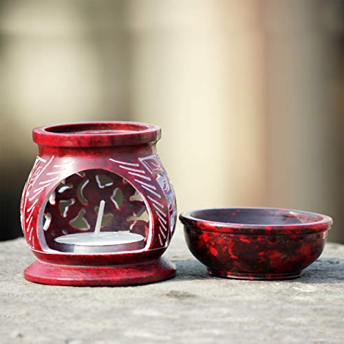 Brahmz Soapstone Aroma Diffuser Lamp Marble Oil Burner with Tealight & 10ml Lavender Oil, Lemongrass Oil (Red Carve) - Image 3