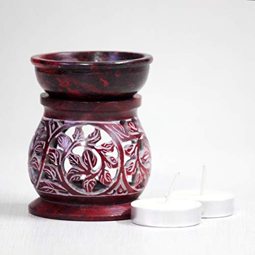 Brahmz Soapstone Aroma Diffuser Lamp Marble Oil Burner with Tealight & 10ml Lavender Oil, Lemongrass Oil (Red Carve) - Image 4