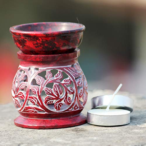 Brahmz Soapstone Aroma Diffuser Lamp Marble Oil Burner with Tealight & 10ml Lavender Oil, Lemongrass Oil (Red Carve) - Image 2