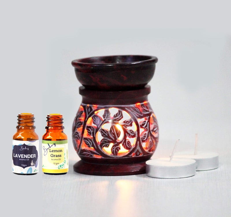 Brahmz Soapstone Aroma Diffuser Lamp Marble Oil Burner with Tealight & 10ml Lavender Oil, Lemongrass Oil (Red Carve) - Image 1