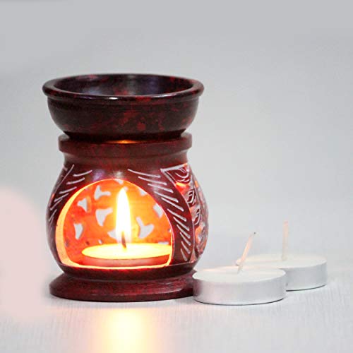 Brahmz Soapstone Aroma Diffuser Lamp Marble Oil Burner with Tealight & 10ml Lavender Oil, Lemongrass Oil (Red Carve) - Image 5