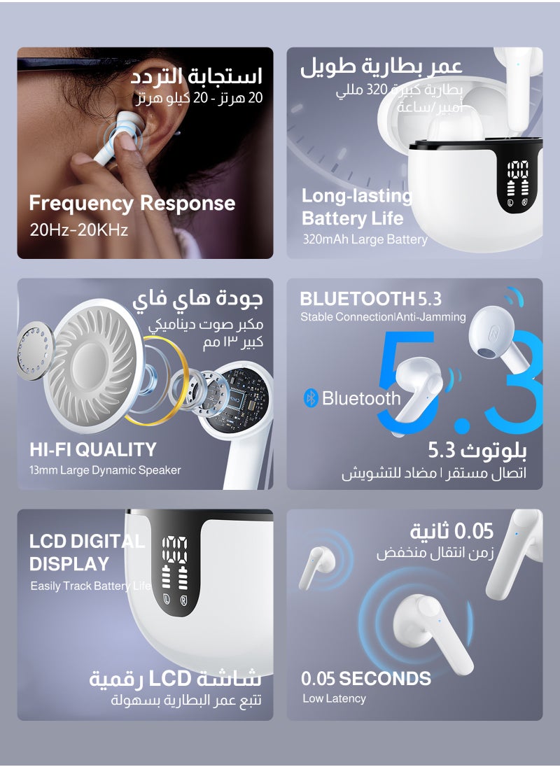 Bluetooth 5.3 Wireless Earphones Ultra Low Latency with LED Digital Display Charging Box, lPX5 Waterproof Earphones with Noise Cancelling Microphone for iPhone/Samsung/Android/iOS