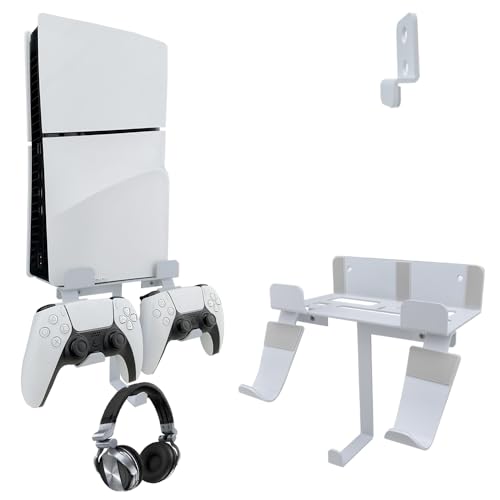 Chanvoo Wall Mount for PS5 Slim/PS5 Pro Console, Aluminum PS5 Slim Disc/Digital Console Wall Shelf Mount with Controller & Headphone Holder - White (Not for Regular PS5) - Image 1