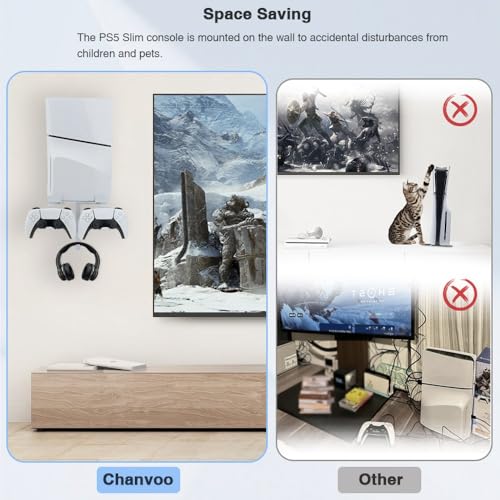 Chanvoo Wall Mount for PS5 Slim/PS5 Pro Console, Aluminum PS5 Slim Disc/Digital Console Wall Shelf Mount with Controller & Headphone Holder - White (Not for Regular PS5) - Image 2