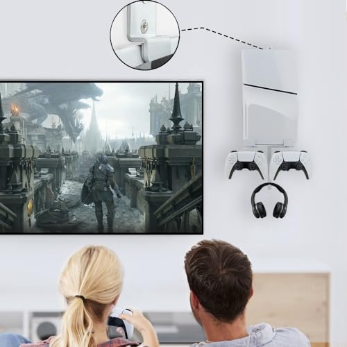 Chanvoo Wall Mount for PS5 Slim/PS5 Pro Console, Aluminum PS5 Slim Disc/Digital Console Wall Shelf Mount with Controller & Headphone Holder - White (Not for Regular PS5) - Image 4
