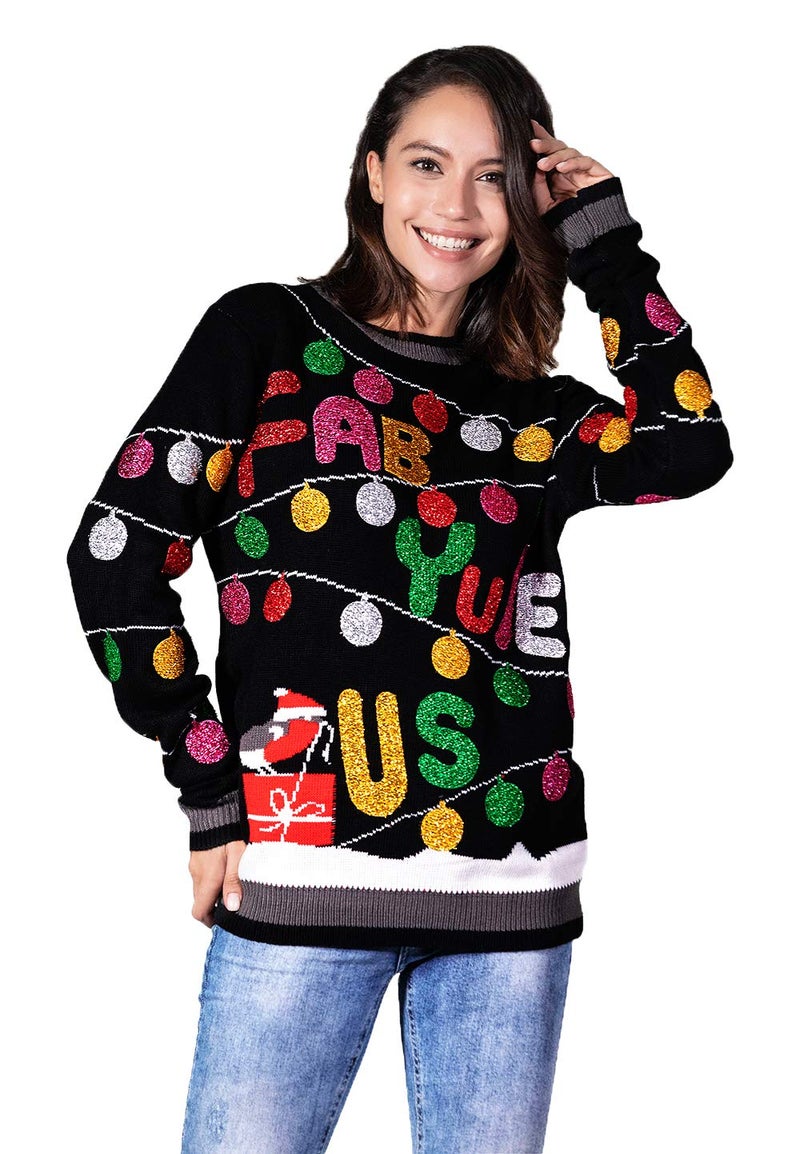 U LOOK UGLY TODAY Women`s Ugly Christmas Sweater Unisex Men`s Funny Novelty Santa Pullover for Party Fabulous-Black Large - Image 1