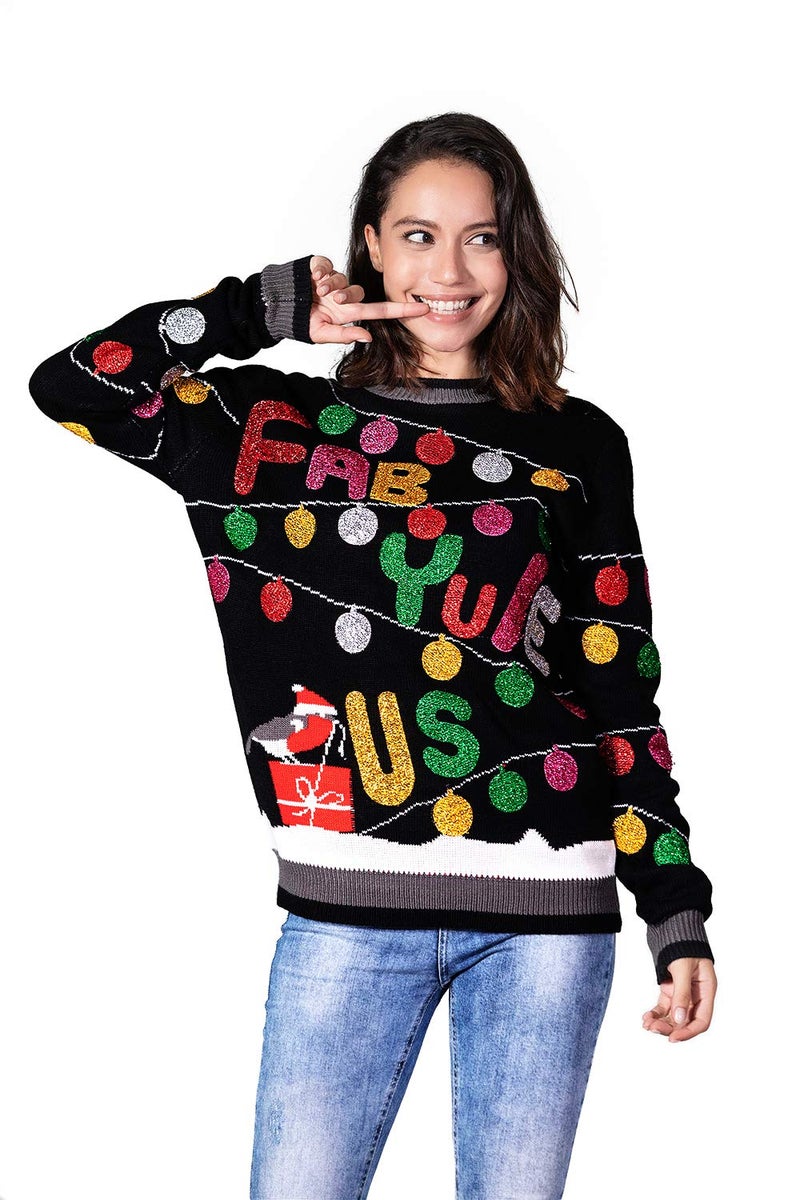 U LOOK UGLY TODAY Women`s Ugly Christmas Sweater Unisex Men`s Funny Novelty Santa Pullover for Party Fabulous-Black Large - Image 5
