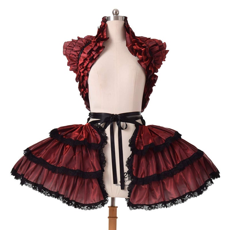 COSDREAMER Women Victorian Petticoat Gothic Steampunk Ruffles Corset Crop Hoop Skirt (Wine red) - Image 1