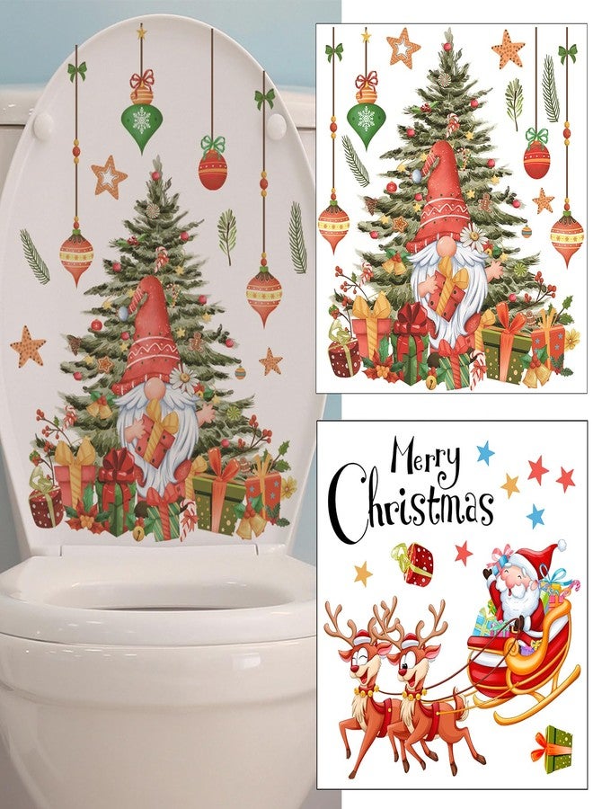 BASEMMAHER 2 Sheets Christmas Toilet Lid Stickers Decals, Christmas Tree Santa Claus Elk Bathroom Toilet Seat Wall Self-Adhesive Stickers for Xmas Home Window Clings Decorations - Image 1