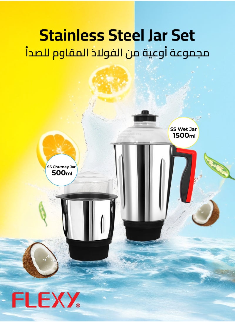 فليكسي - خلاط 2 في 1 خلاط 800 وات | طحن التوابل، وصنع العصير، وتقطيع الطعام، وعصر العصير | 2 مرطبان ستانلس ستيل 1.5 لتر و 0.5 لتر | قبضة مريحة مع حامي الزائد - Image 1