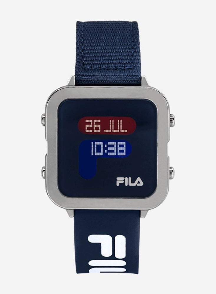 Fila Style Unisex Digital with World Time of 25 Cities Watch Alloy Case Blue Nylon & Blue Silicone Strap, 38-6088-102, size 38mm - Image 1