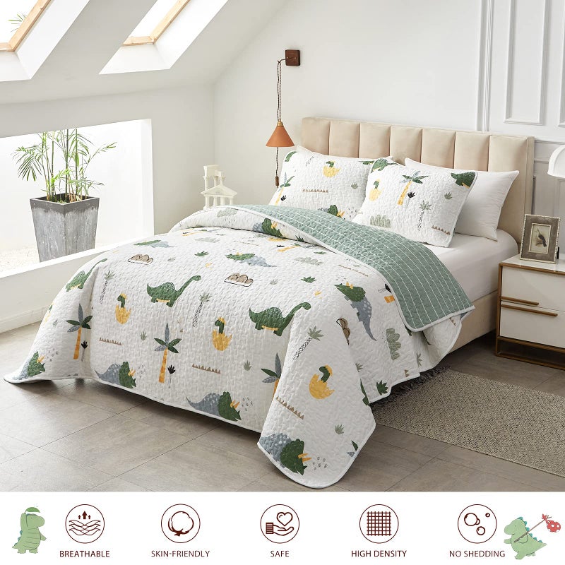 Joyreap 2-Piece Cotton Quilt Set Twin, Dinosaur Theme Green Color Design for Kids Boys n Girls, Smooth Soft Quilt Bedspread Bed Cover for All Season, 1 Quilt and 1 Pillow Sham- 68x86 inches - Image 2