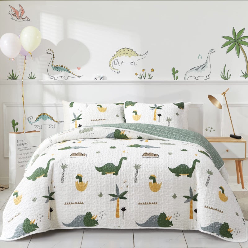 Joyreap 2-Piece Cotton Quilt Set Twin, Dinosaur Theme Green Color Design for Kids Boys n Girls, Smooth Soft Quilt Bedspread Bed Cover for All Season, 1 Quilt and 1 Pillow Sham- 68x86 inches - Image 1