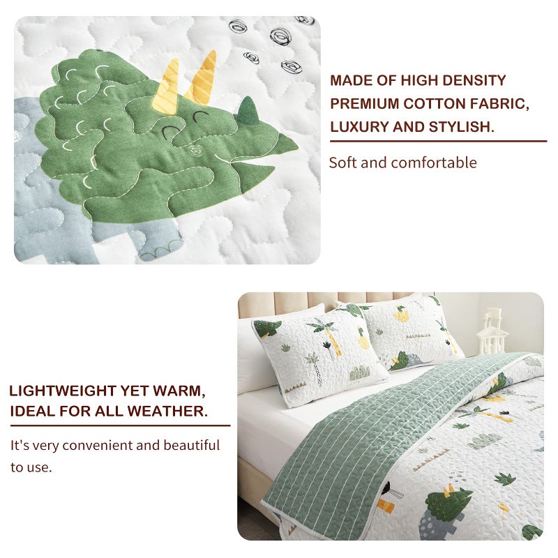 Joyreap 2-Piece Cotton Quilt Set Twin, Dinosaur Theme Green Color Design for Kids Boys n Girls, Smooth Soft Quilt Bedspread Bed Cover for All Season, 1 Quilt and 1 Pillow Sham- 68x86 inches - Image 4