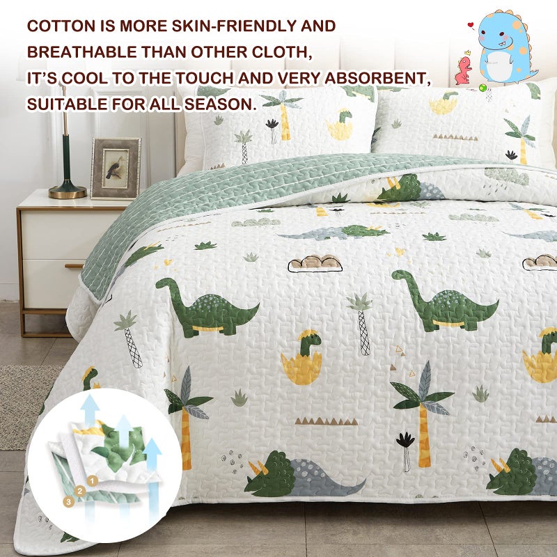 Joyreap 2-Piece Cotton Quilt Set Twin, Dinosaur Theme Green Color Design for Kids Boys n Girls, Smooth Soft Quilt Bedspread Bed Cover for All Season, 1 Quilt and 1 Pillow Sham- 68x86 inches - Image 3