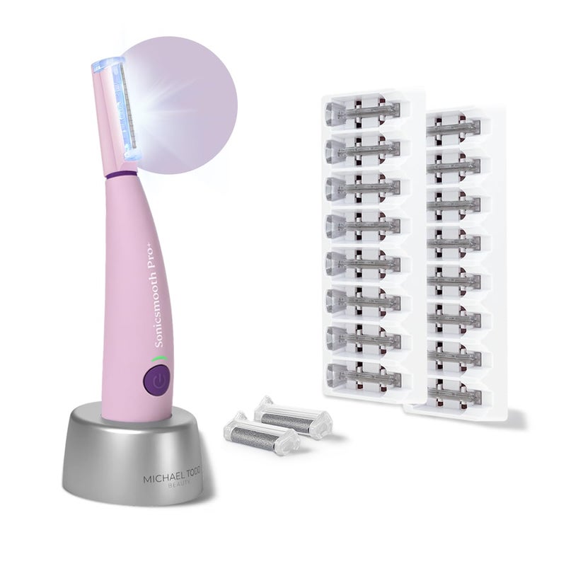 Michael Todd Beauty Sonicsmooth Pro+ Dermaplane Razor for Women Face + Eyebrow Trimmer Dermaplaning System w/LED Light Peach Fuzz Remover -16 Dermaplaning Blades & 2 Microsmooth Exfoliation Tips - Image 1