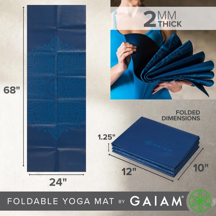Gaiam حصيرة يوغا قابلة للطي للسفر واللياقة البدنية والتمارين | حصيرة يوغا قابلة للطي لجميع أنواع اليوغا، بيلاتس وتمارين الأرض، ساعة شمسية زرقاء، 2 مم - Image 3