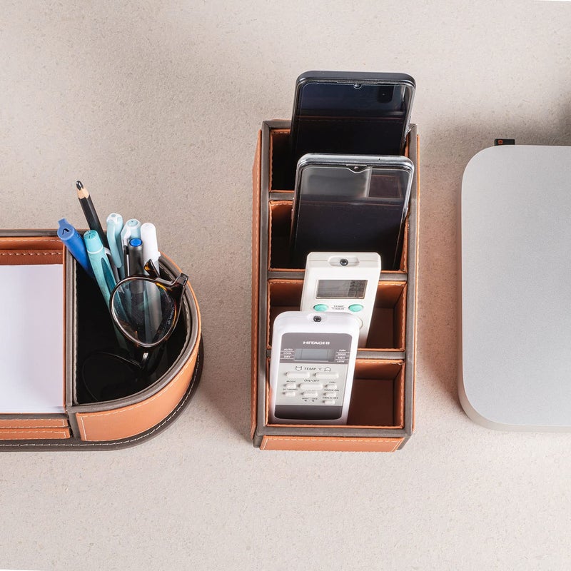 SPREAD SPAIN ® Leatherite TV Remote Control Holder Organizer with 4 Compartments For Desktop Organizer, TV Remote Caddy/Box Container for Desk, Office Supplies, Home - Orange/Dark Grey - Image 5