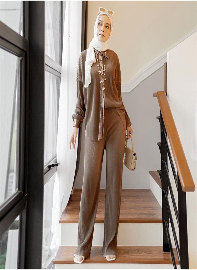 Loquat Fashion Solid Color Pleated Slacks Set 