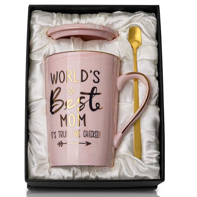 BIRTHDAY GIFTS FOR MOM FROM DAUGHTER SON 14OZ FUNNY BEST MOM MUG WITH GOLD PRINT UNIQUE PINK MARBLE COFFEE CUP WITH LID SPOON GREETING CARD NEW MOMS MOTHERS DAY GIFT IDEAS LUXURY GIFTBOXED SET