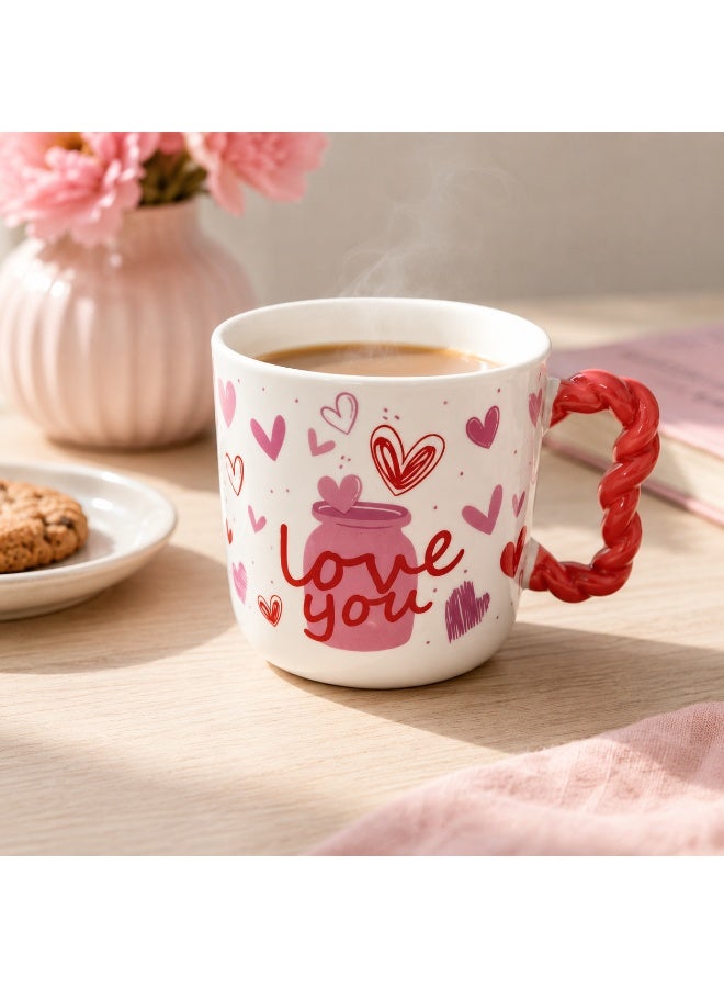 مج بورسلين رومانسي بتصميم قلوب وبرطمان حب وعبارة Love You مع مقبض مجدول أحمر، كوب للقهوة والشاي والنسكافيه والمشروبات الساخنة والباردة، أبيض وأحمر - Image 3