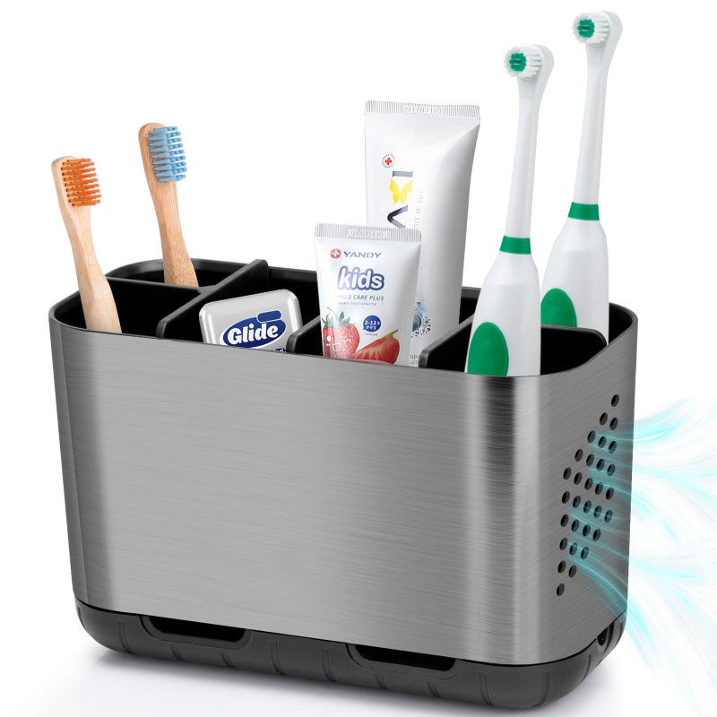 Boperzi Toothbrush and Toothpaste Holder Brushed Nickel Drainage for Bathroom Vanity, Large Electric Toothbrush Storage Caddy Anti-Slip Rustic with Adjustable Dividers for Family, Kids - Image 1
