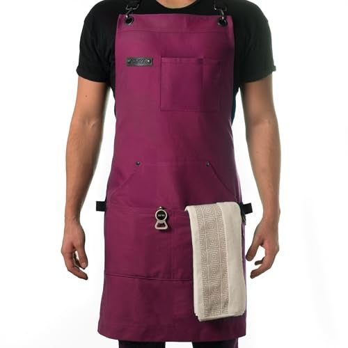 Asaya Chef BBQ Apron with Pockets Cross Back Canvas Cooking Apron for Women and Men Adjustable Work Grilling Aprons with Pocket Bottle Opener and Hand Towel 10oz Cotton Canvas Burgundy - Image 1
