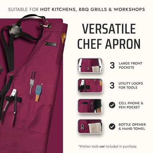 Asaya Chef BBQ Apron with Pockets Cross Back Canvas Cooking Apron for Women and Men Adjustable Work Grilling Aprons with Pocket Bottle Opener and Hand Towel 10oz Cotton Canvas Burgundy - Image 3