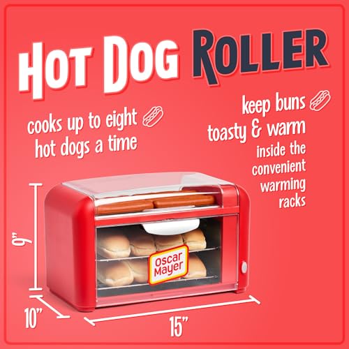 Nostalgia Oscar Mayer Extra Large 8 Hot Dog Roller & Bun Toaster Oven, Stainless Steel Grill Rollers, Non-stick Warming Racks, Perfect for Dogs, Veggie Sausages, Brats, Adjustable Timer, Red - Image 2
