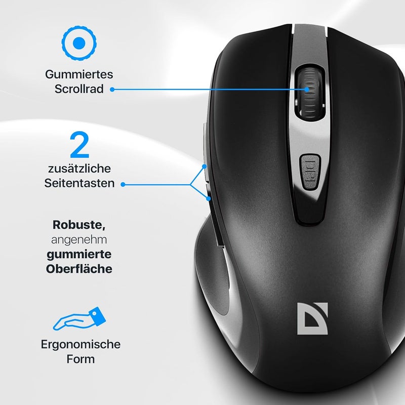 Defender Prime MB-053 Wireless Optical Mouse, Ergonomic Silent Click Office Mouse with PixArt Sensor & 6 Buttons (Black) - Image 5