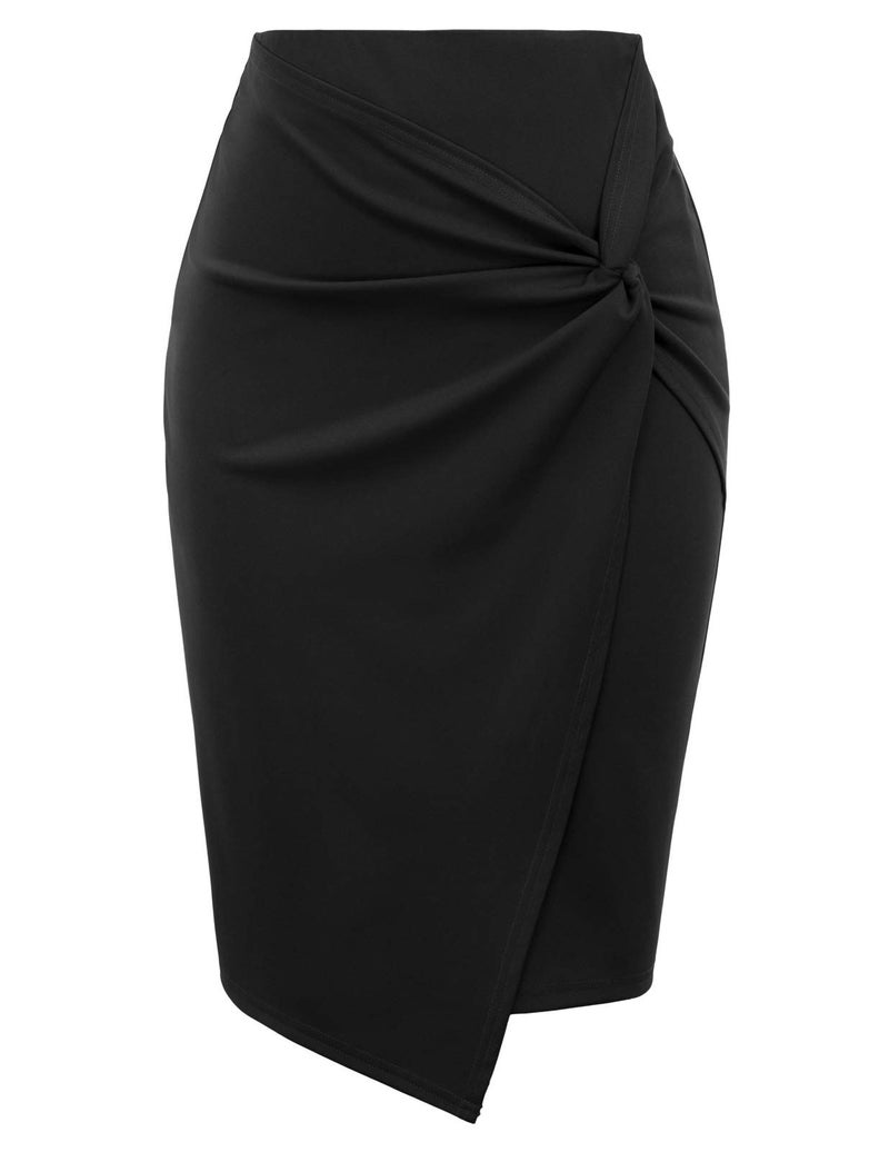 Kate Kasin Wear to Work Pencil Skirts for Women Elastic High Waist Wrap Front Knee Length Bodycon Skirt Tummy Control Black - Image 1
