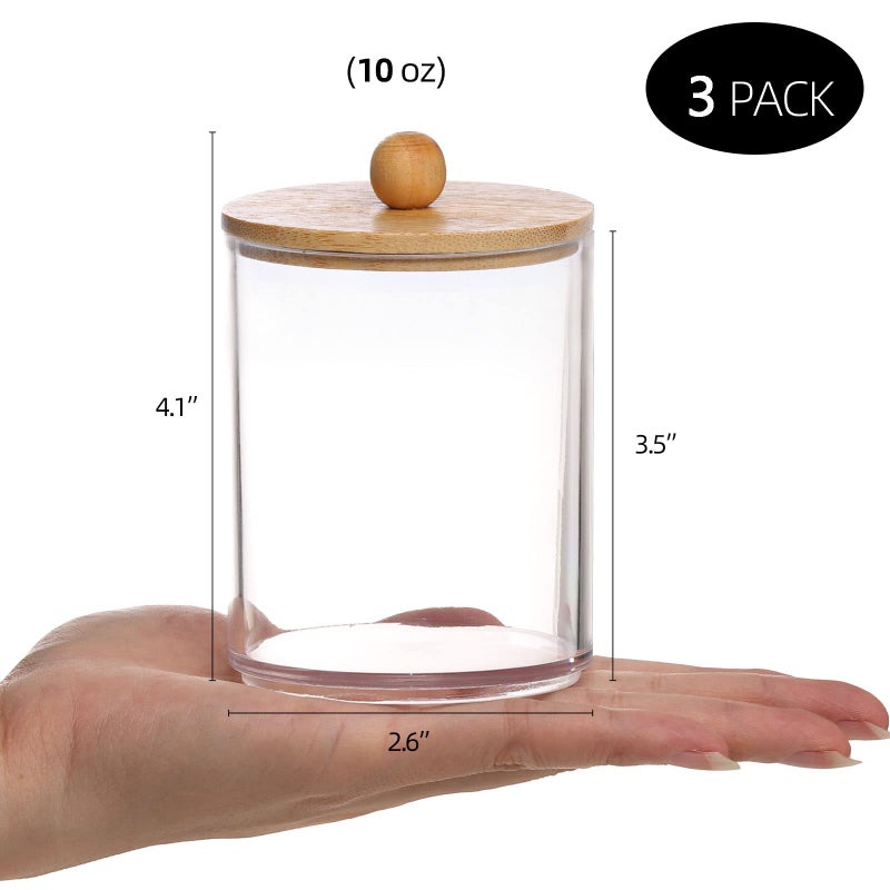 Tbestmax 10 Oz Cotton Swab/Ball/Pad Holder, Qtip Apothecary Jar, Clear Bathroom Containers Dispenser for Storage 3 Pack Wood Lids - Image 3