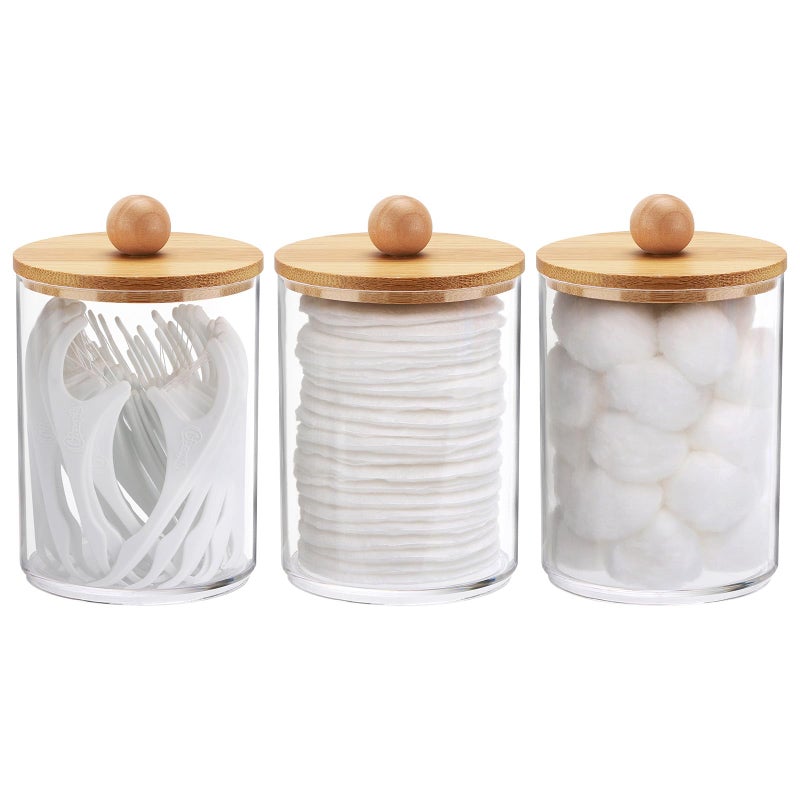 Tbestmax 10 Oz Cotton Swab/Ball/Pad Holder, Qtip Apothecary Jar, Clear Bathroom Containers Dispenser for Storage 3 Pack Wood Lids - Image 1
