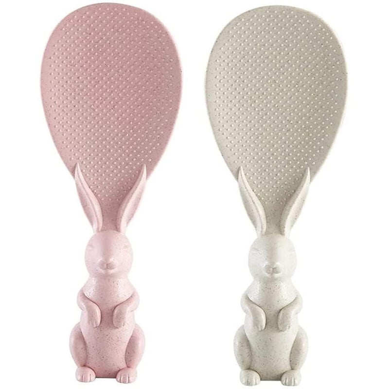 BuntyChiku Rabbit Standing Rice Spoon | Non-Stick Rice Serving Spatula | Cute Vertical Kitchen Rice Spoon for Non-Glutinous Rice | Plastic Rice Serving Utensils (Set of 2) - Image 1