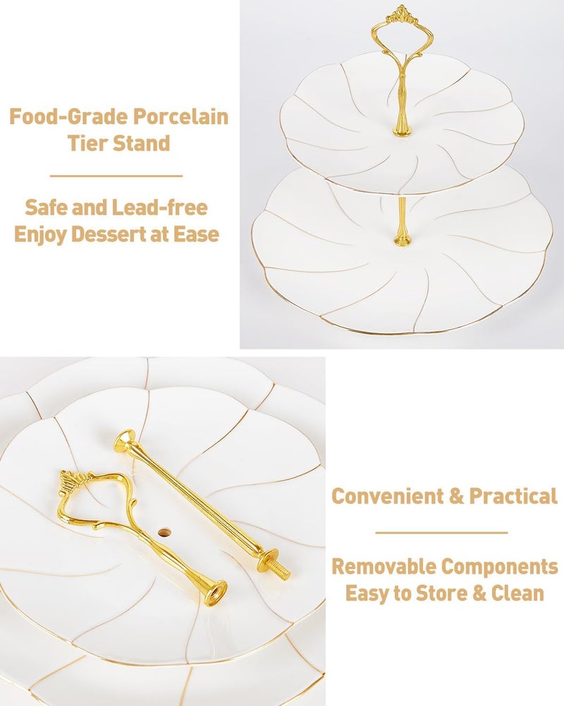 DUJUST Luxury Porcelain 2-Tier Cupcake Stand Tower, British Style Serving Tray with Golden Trim, Food Grade Dessert Display Stand, Beautiful Gift for Tea Party & Home Décor - Image 5