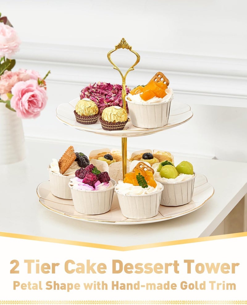 DUJUST Luxury Porcelain 2-Tier Cupcake Stand Tower, British Style Serving Tray with Golden Trim, Food Grade Dessert Display Stand, Beautiful Gift for Tea Party & Home Décor - Image 2