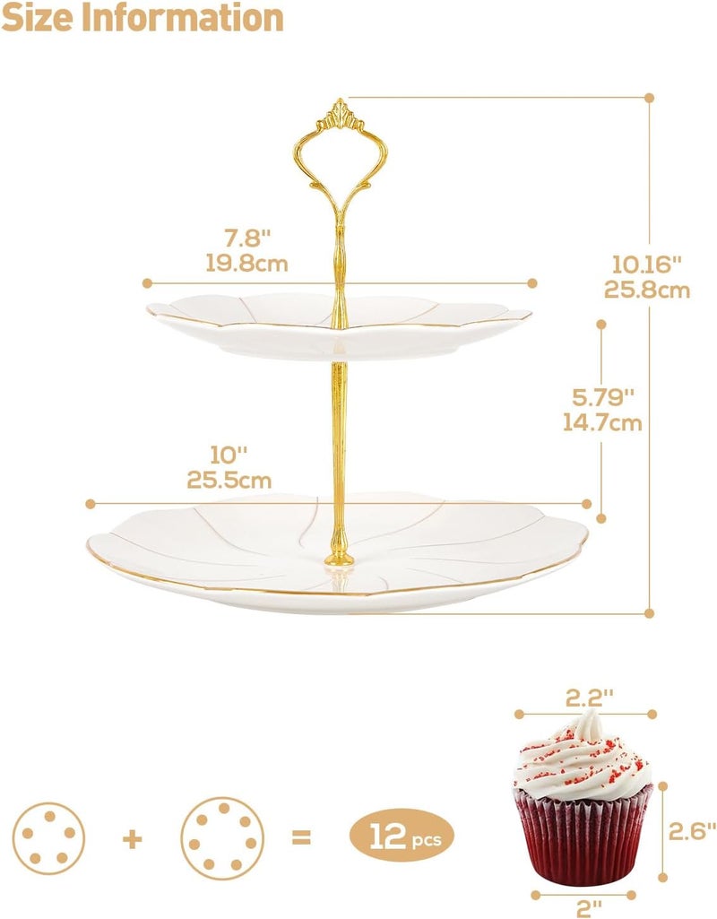 DUJUST Luxury Porcelain 2-Tier Cupcake Stand Tower, British Style Serving Tray with Golden Trim, Food Grade Dessert Display Stand, Beautiful Gift for Tea Party & Home Décor - Image 3